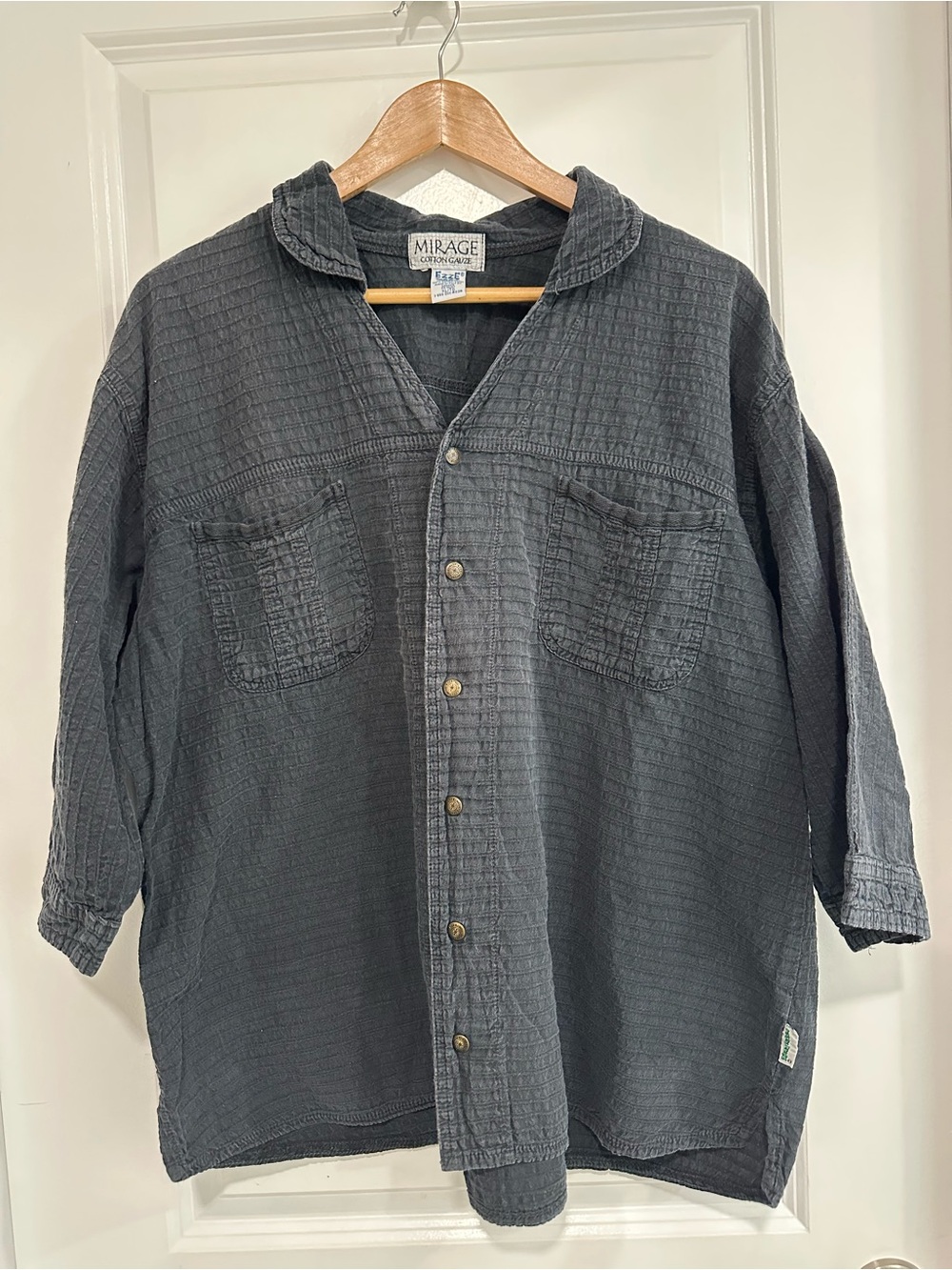 Vintage Retro 100% Cotton Gauze Washed Black Oversized Button Down Shirt Size XL